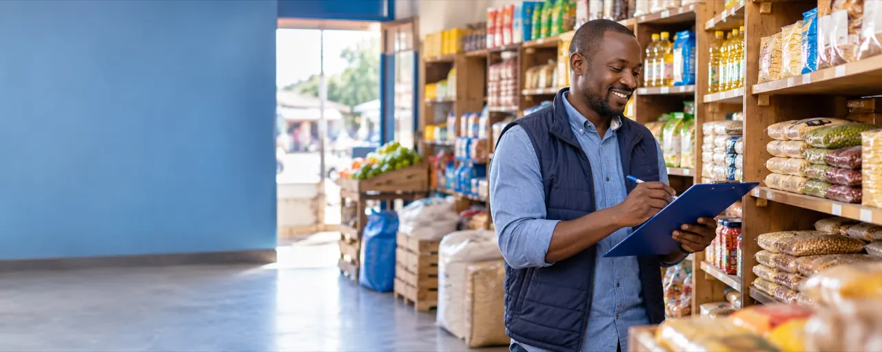 A Kenyan small-business owner reviewing stock
