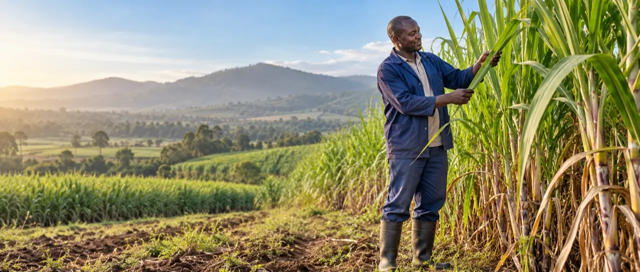 A Kenyan farmer inspecting healthy crops